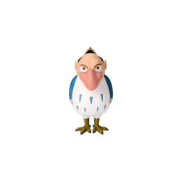 Cartoon character figurine with a blue top and white body on a white background